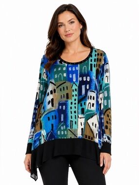 Dolcezza Art Print Top Blue Black Abstract Cityscape Tunic Size Large